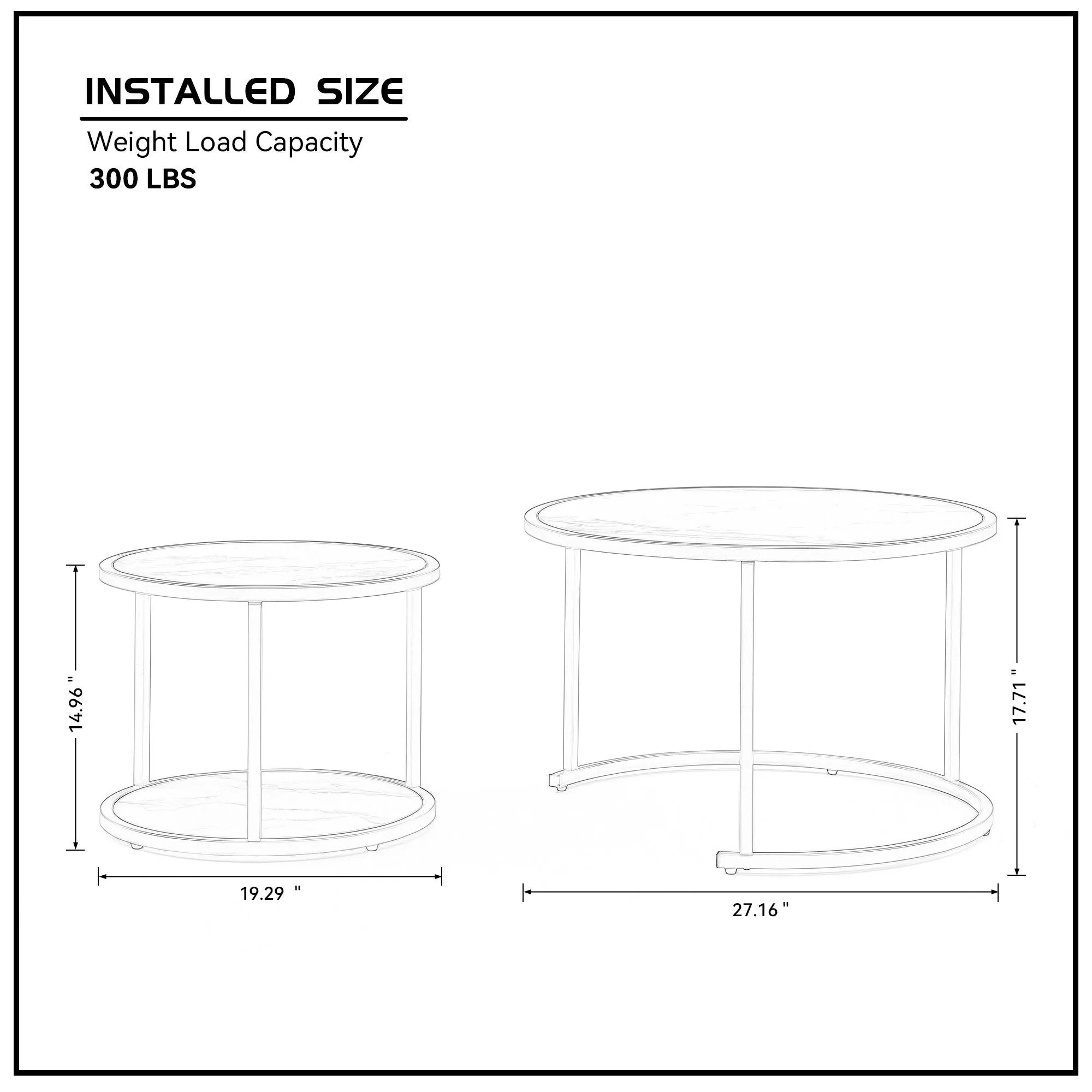 27.16inch Marble Pattern MDF Top with Black Metal Frame nesting coffee table set of 2