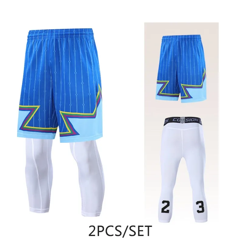 2pcs Set Men Running Shorts Leggings Fitness Compression Sweatpants Gym Jogging Outdoor Sport Basketball Football Clothes v1