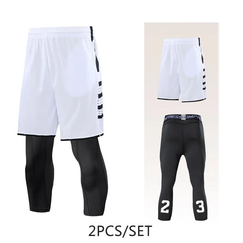 2pcs Set Men Running Shorts Leggings Fitness Compression Sweatpants Gym Jogging Outdoor Sport Basketball Football Clothes v1