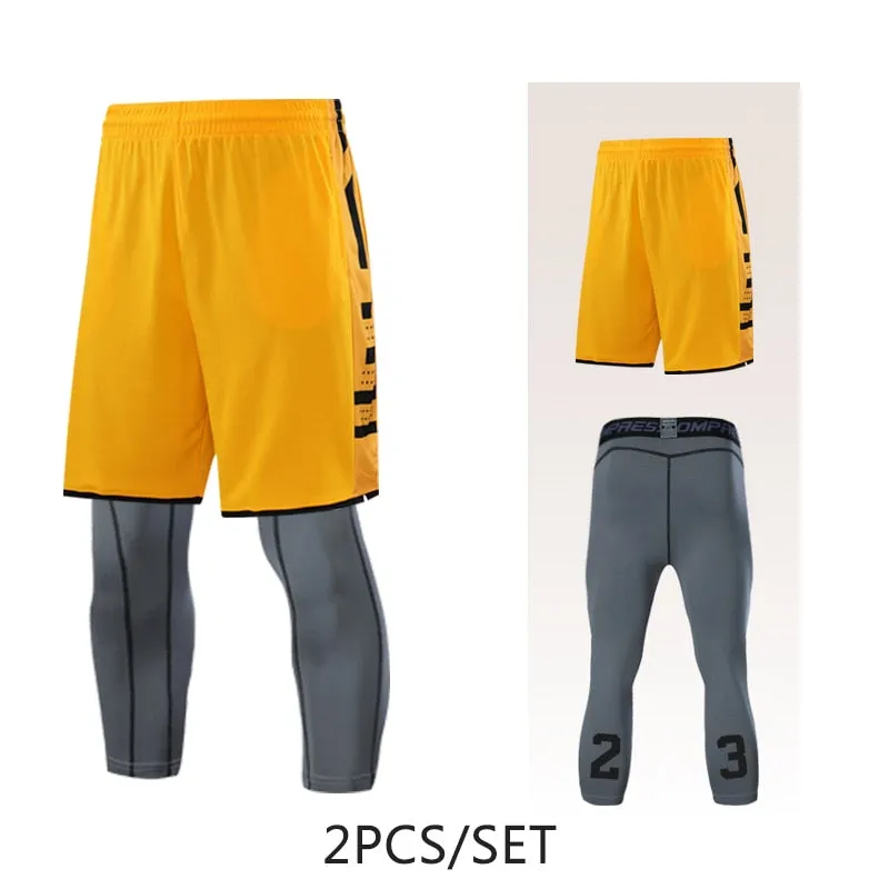 2pcs Set Men Running Shorts Leggings Fitness Compression Sweatpants Gym Jogging Outdoor Sport Basketball Football Clothes v1