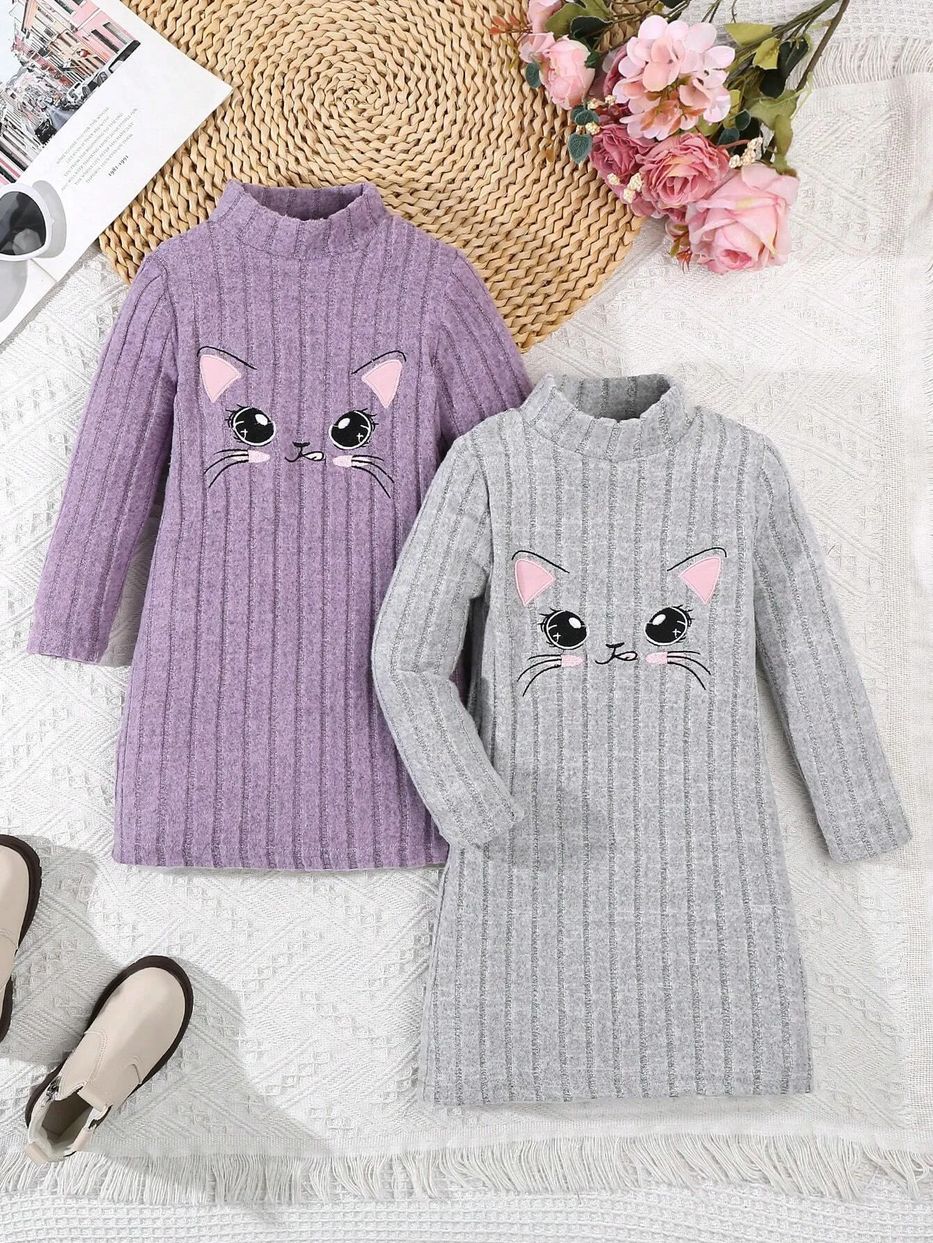 2pcs/Set Girls Cat Embroidery Round Neck Striped Faux Fur Solid Color Casual Cute Dress Suit, Autumn