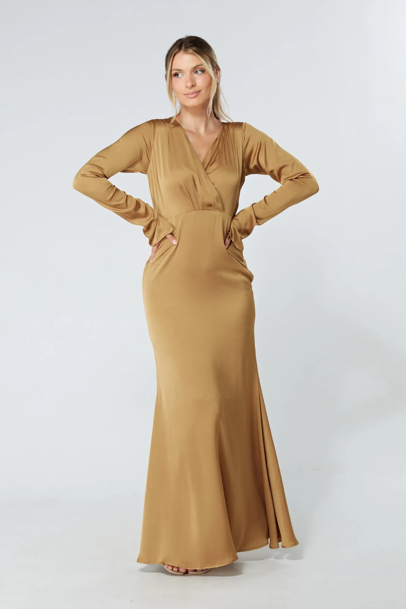 Alessandra Gold Satin-Feel Crepe Maxi Dress