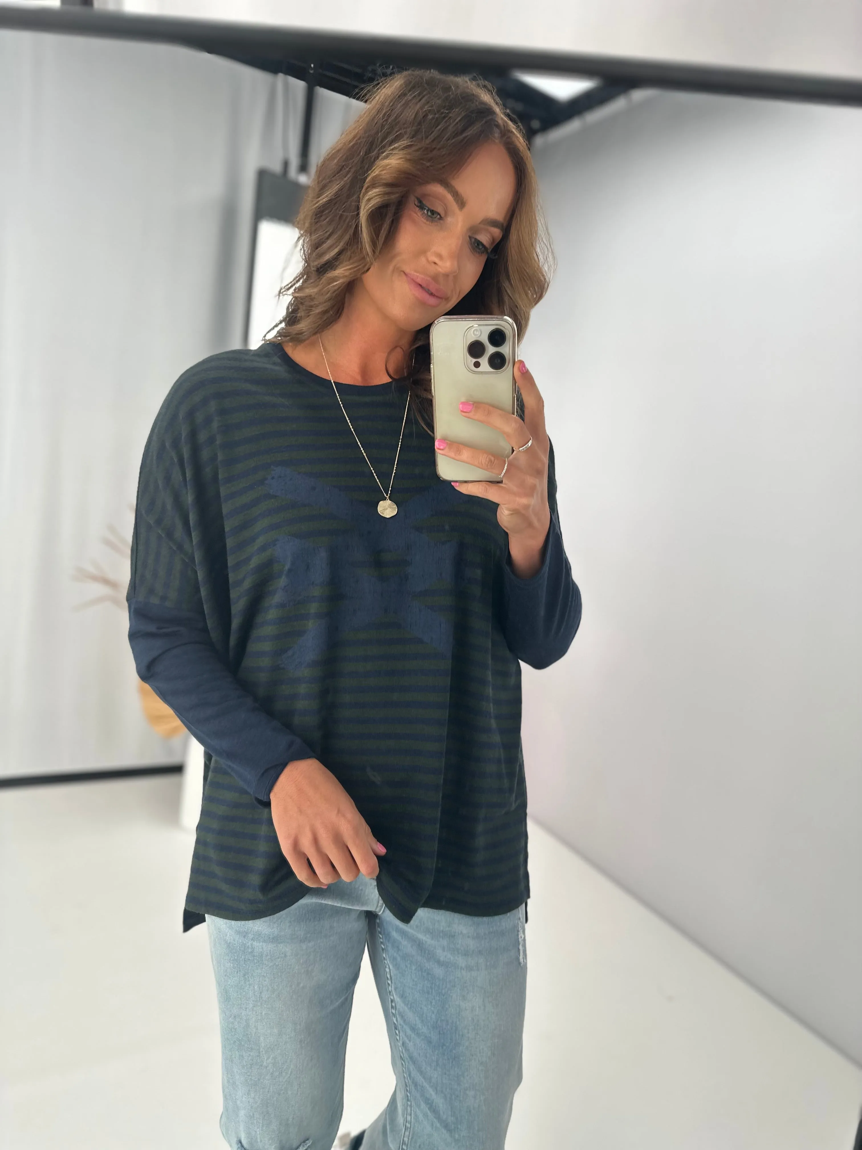 Alpine by Shine On Laurie Striped Oversized Top Ink Olive