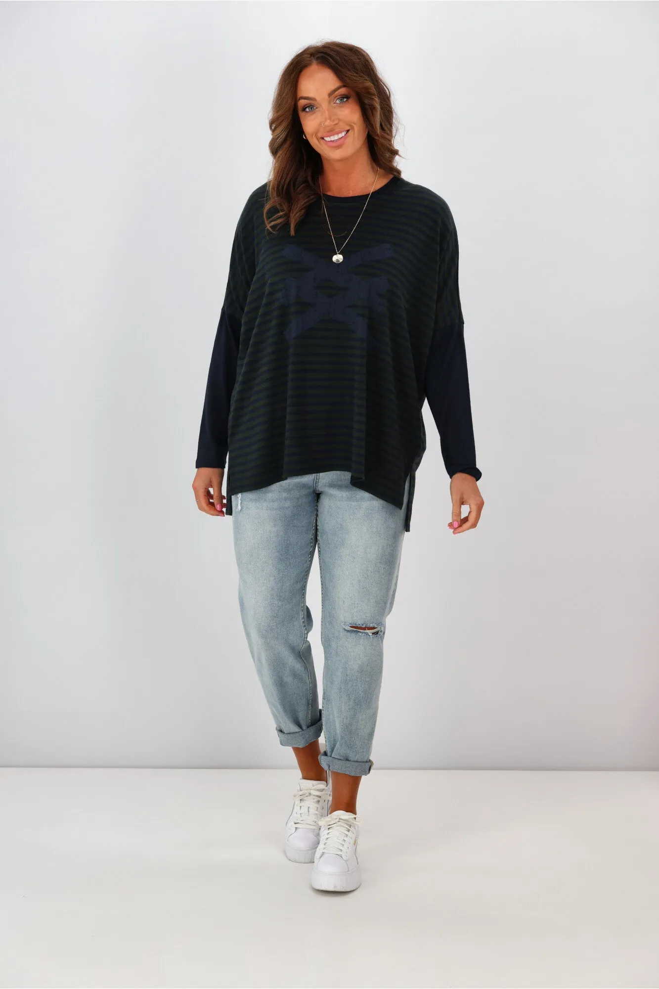 Alpine by Shine On Laurie Striped Oversized Top Ink Olive