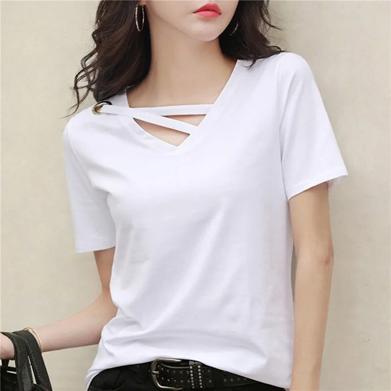 Amy Fashion - Casual Solid Color Short Sleeve V Neck T-shirt