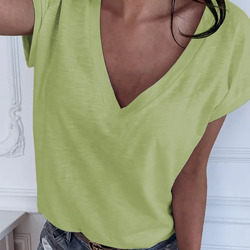 Amy Fashion - Casual Solid Color Short Sleeve V Neck T-shirt