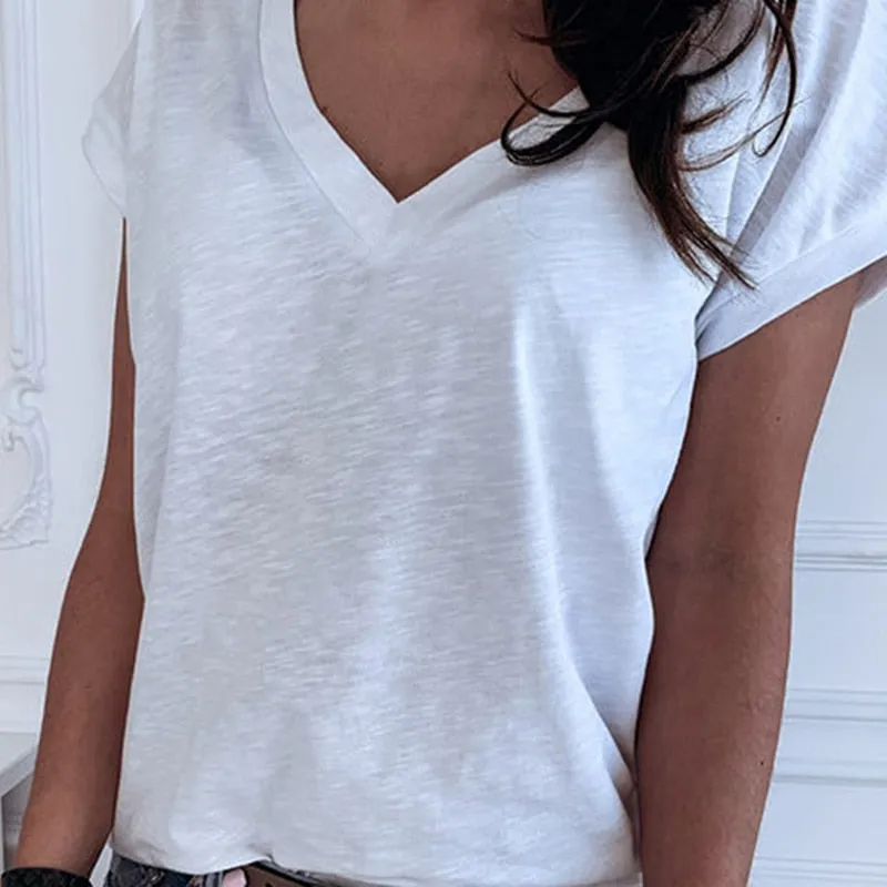 Amy Fashion - Casual Solid Color Short Sleeve V Neck T-shirt