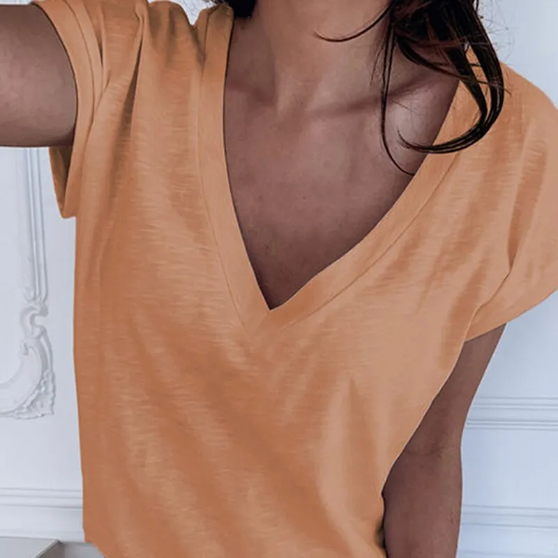 Amy Fashion - Casual Solid Color Short Sleeve V Neck T-shirt