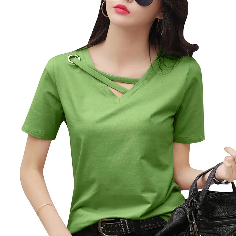 Amy Fashion - Casual Solid Color Short Sleeve V Neck T-shirt