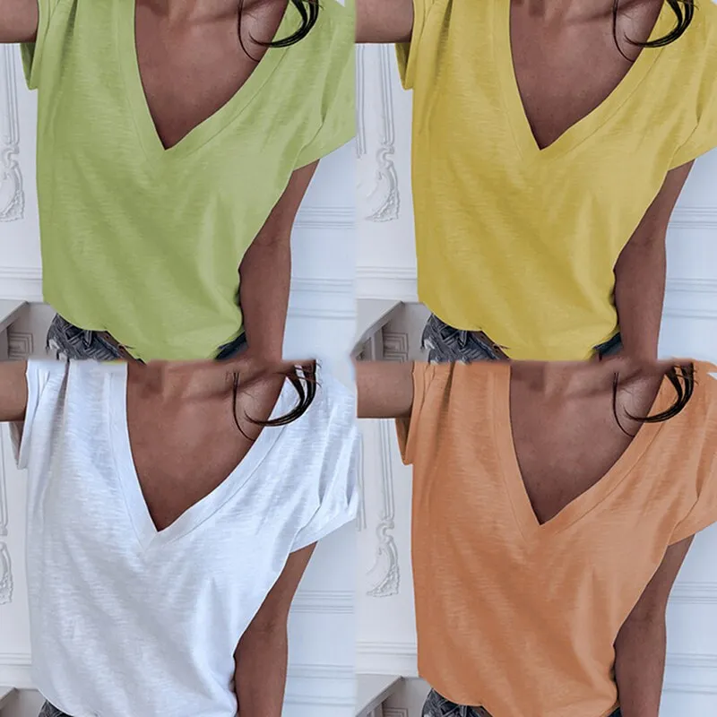 Amy Fashion - Casual Solid Color Short Sleeve V Neck T-shirt