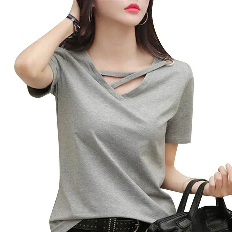 Amy Fashion - Casual Solid Color Short Sleeve V Neck T-shirt