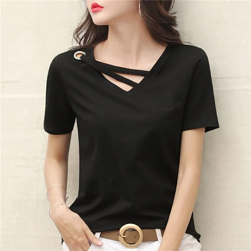 Amy Fashion - Casual Solid Color Short Sleeve V Neck T-shirt