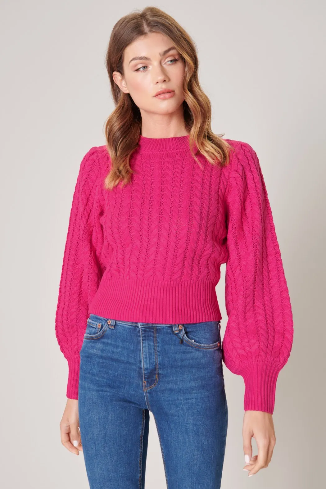 Ashtyn Cable Knit Balloon Sleeve Cropped Sweater