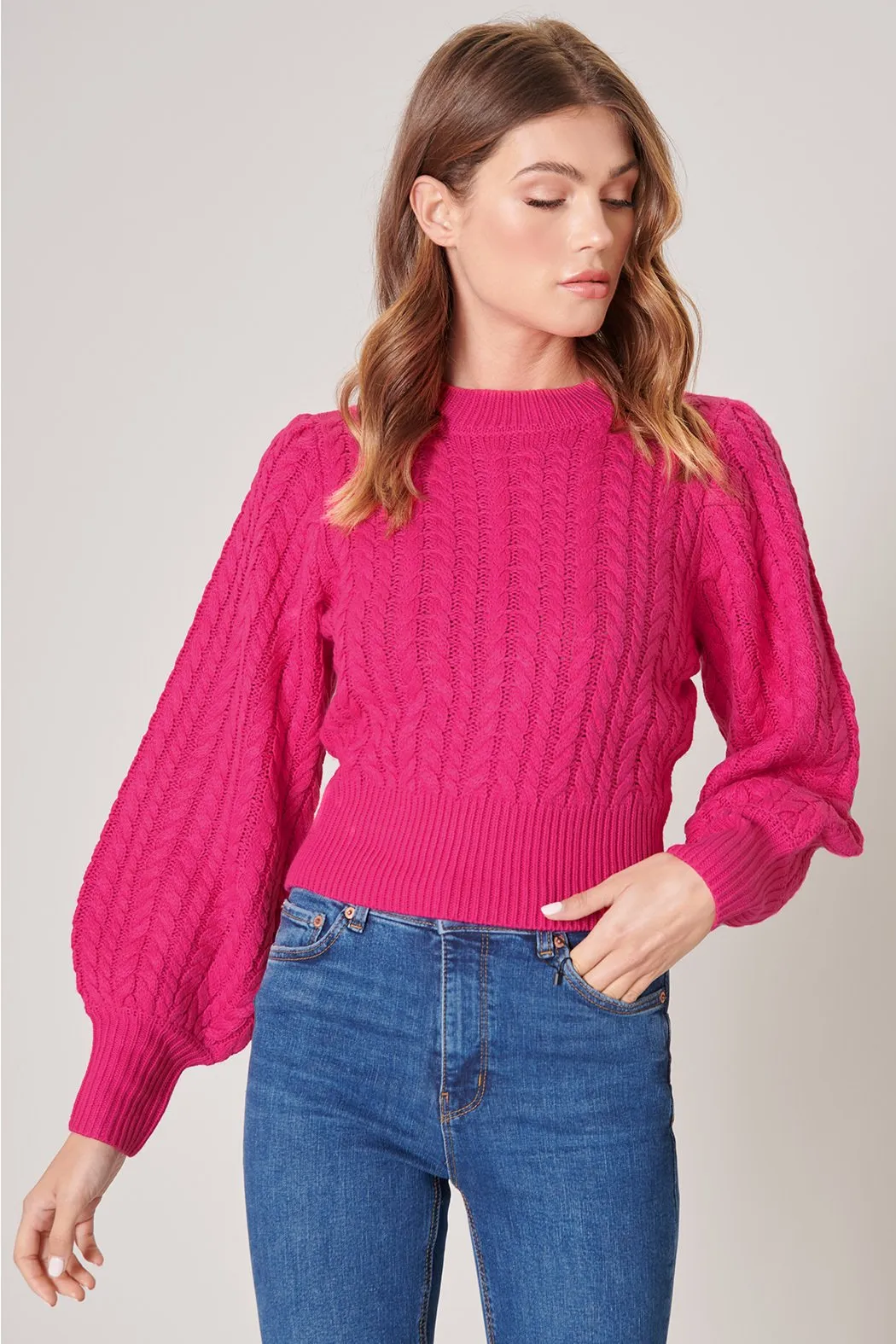 Ashtyn Cable Knit Balloon Sleeve Cropped Sweater