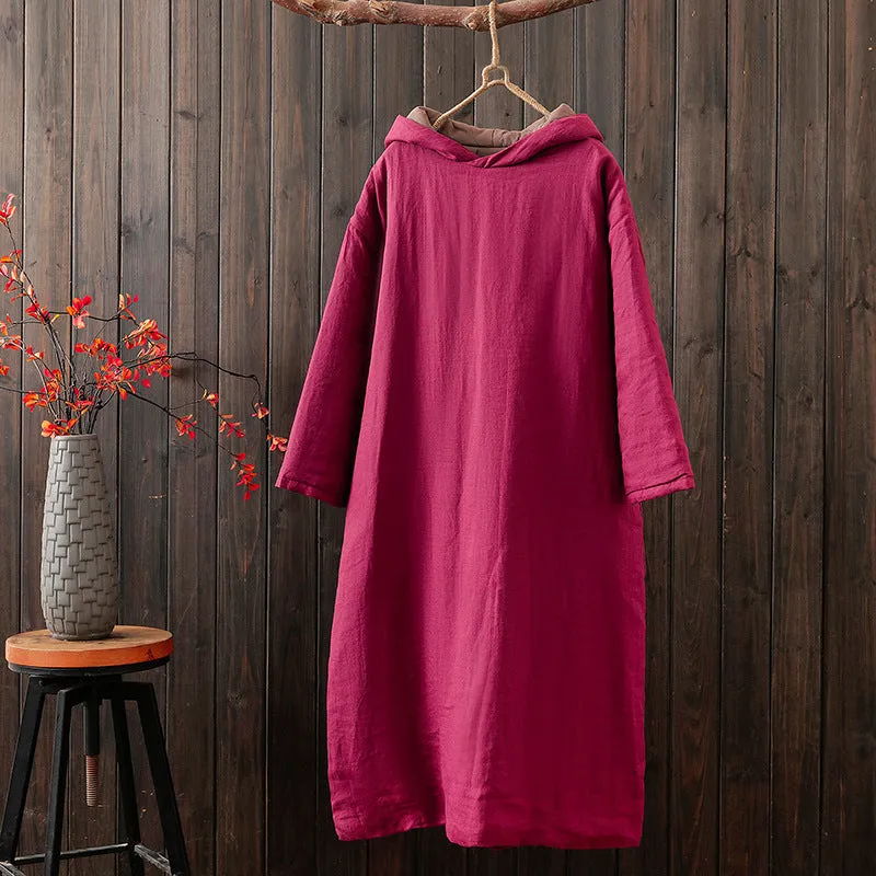 Babakud Women Winter Plus Size Cotton Linen Oversized Hooded Long Coat