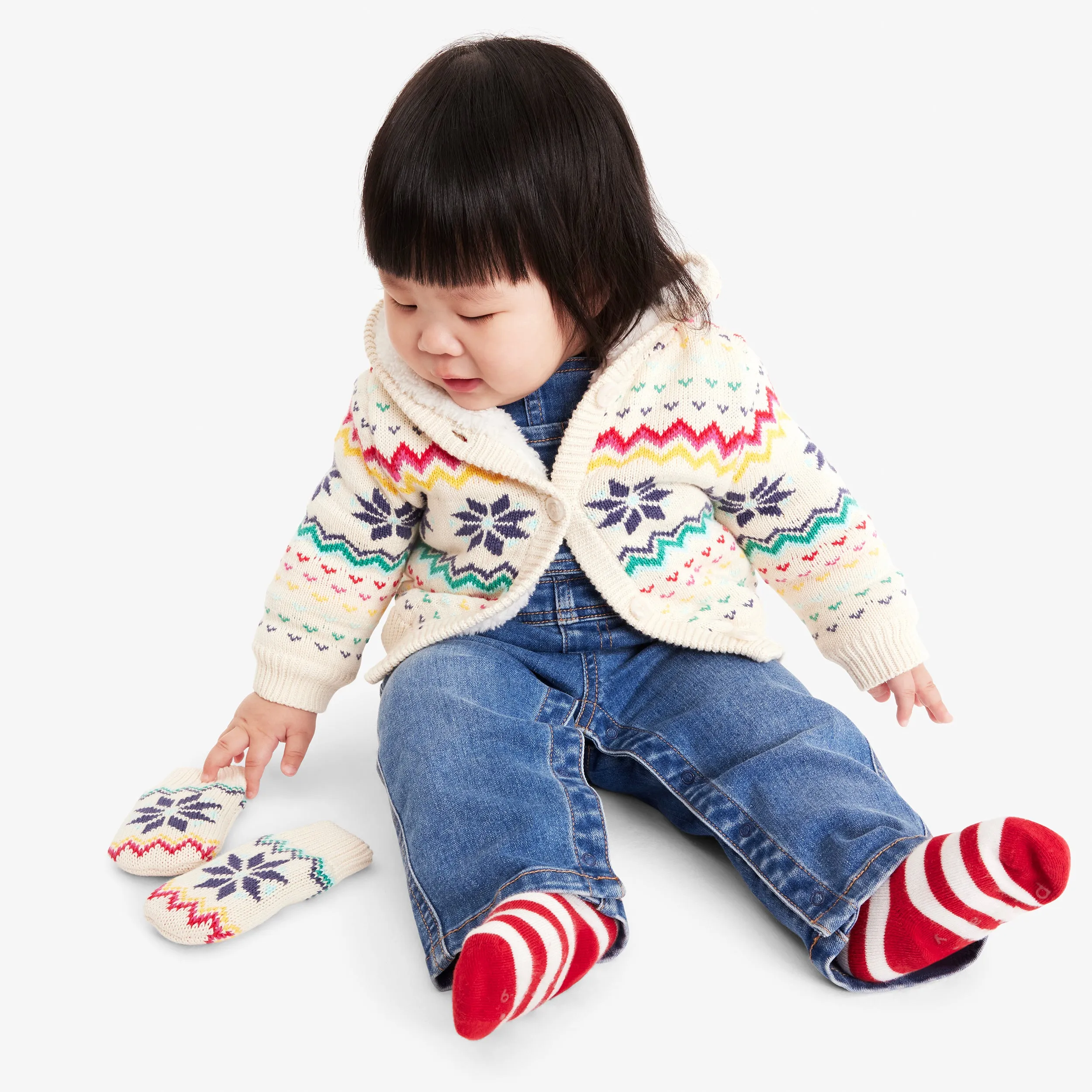 Baby fleece-lined cardigan in rainbow snowflake fair isle