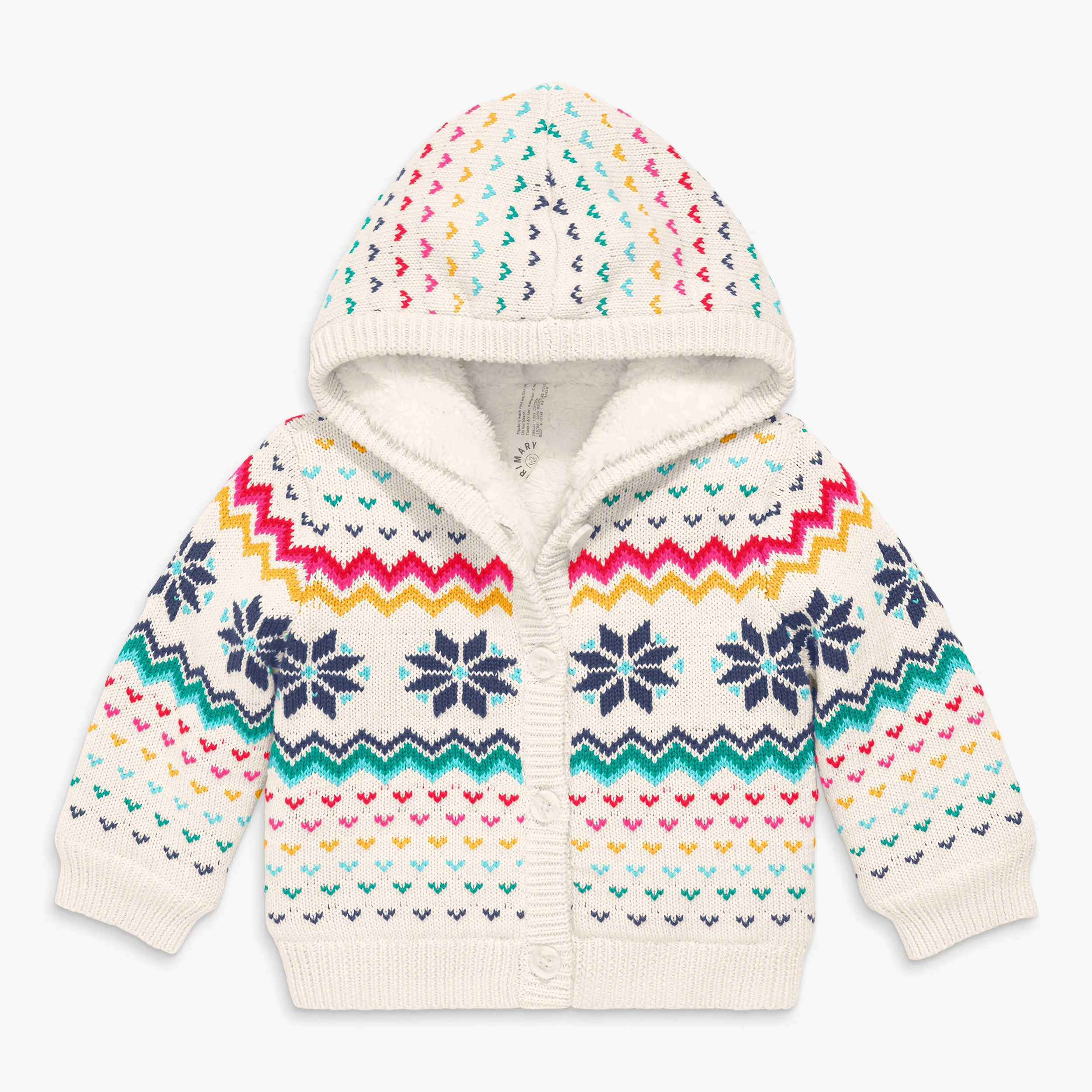 Baby fleece-lined cardigan in rainbow snowflake fair isle