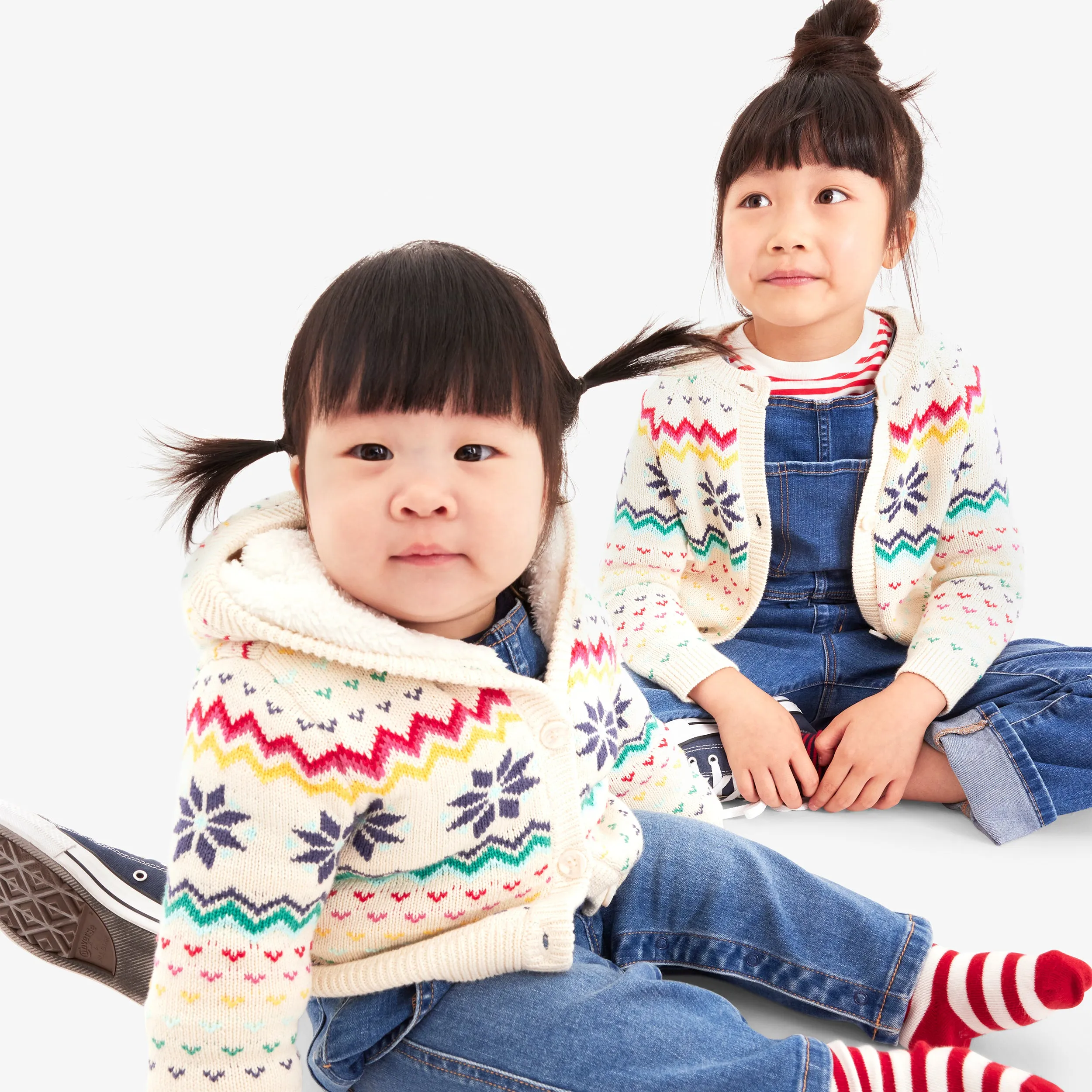 Baby fleece-lined cardigan in rainbow snowflake fair isle