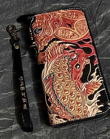 Badass Black Leather Men's Long Biker Wallet Golden Carp Handmade Tooled Zipper Long Wallets For Men