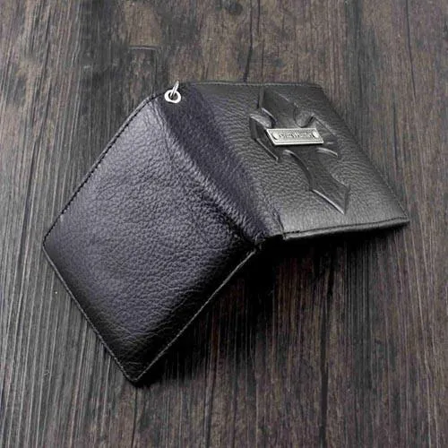 Badass Black Leather Men's Trifold Cross Small Biker Wallet Chain Wallet with chain For Men