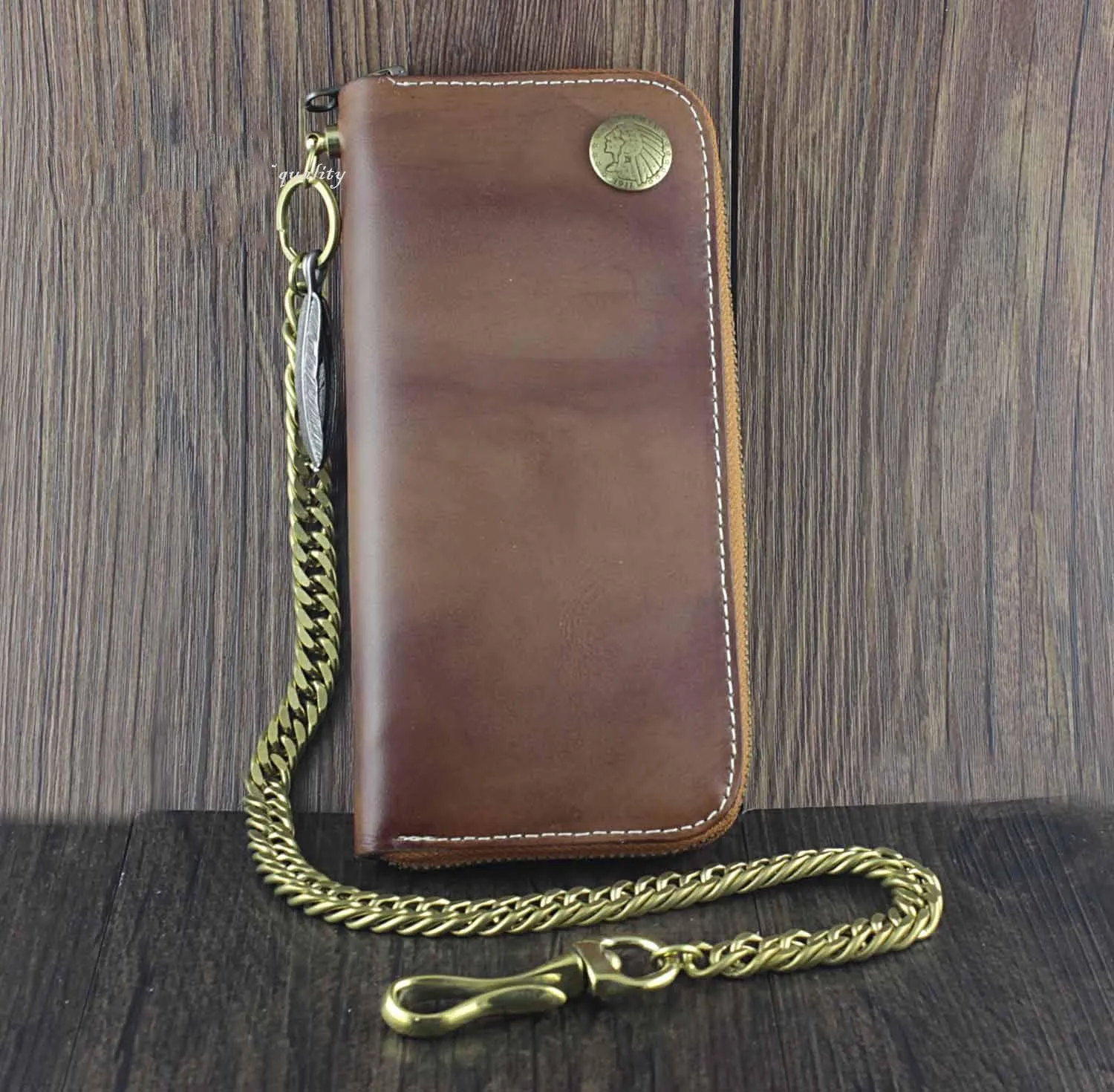 Badass Coffee Leather Men's Long Wallet with Chain Biker Chain Wallet Chain Wallet For Men