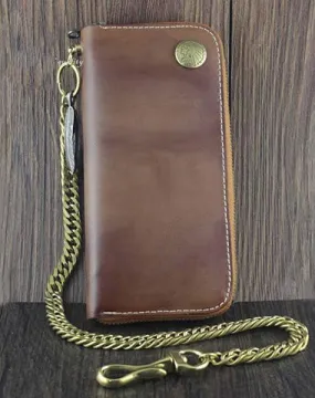 Badass Coffee Leather Men's Long Wallet with Chain Biker Chain Wallet Chain Wallet For Men