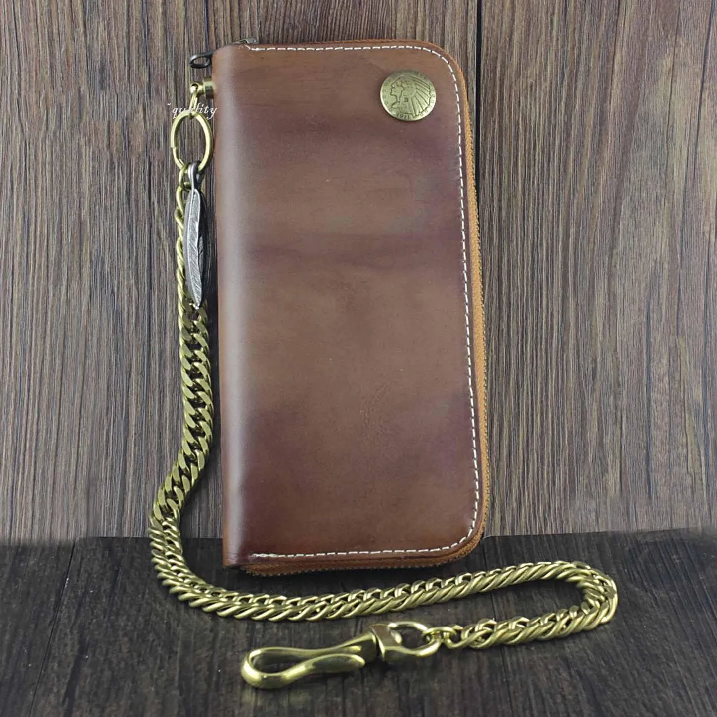 Badass Coffee Leather Men's Long Wallet with Chain Biker Chain Wallet Chain Wallet For Men