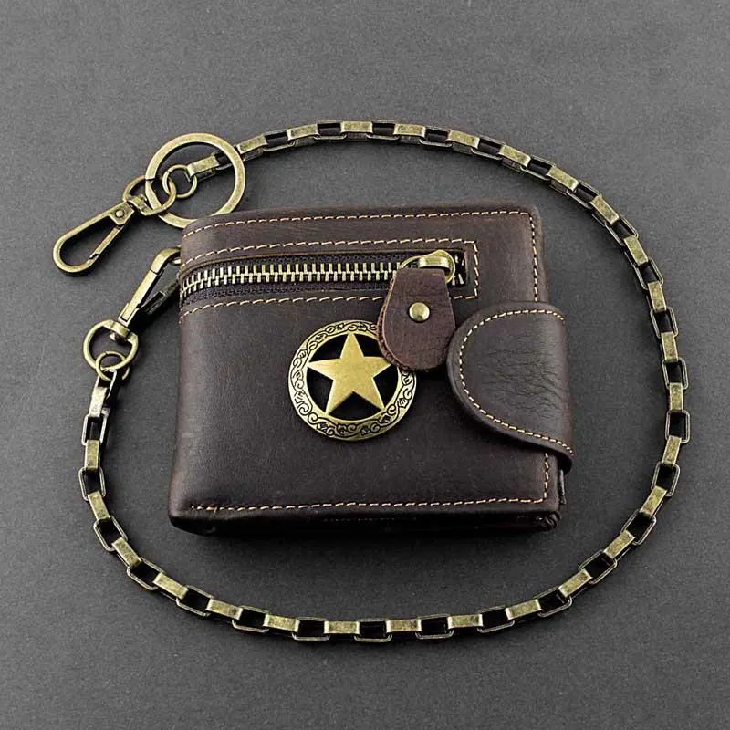 Badass Coffee Star Leather Men's Trifold Small Biker Wallet Chain Wallet Wallet with chain For Men