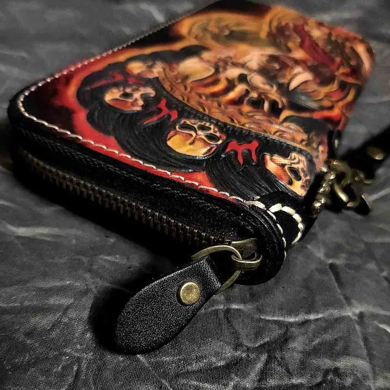 Badass Handmade Black Leather Men's Biker Long Wallet Mahākāla Tooled Zipper Long Chain Wallets For Men