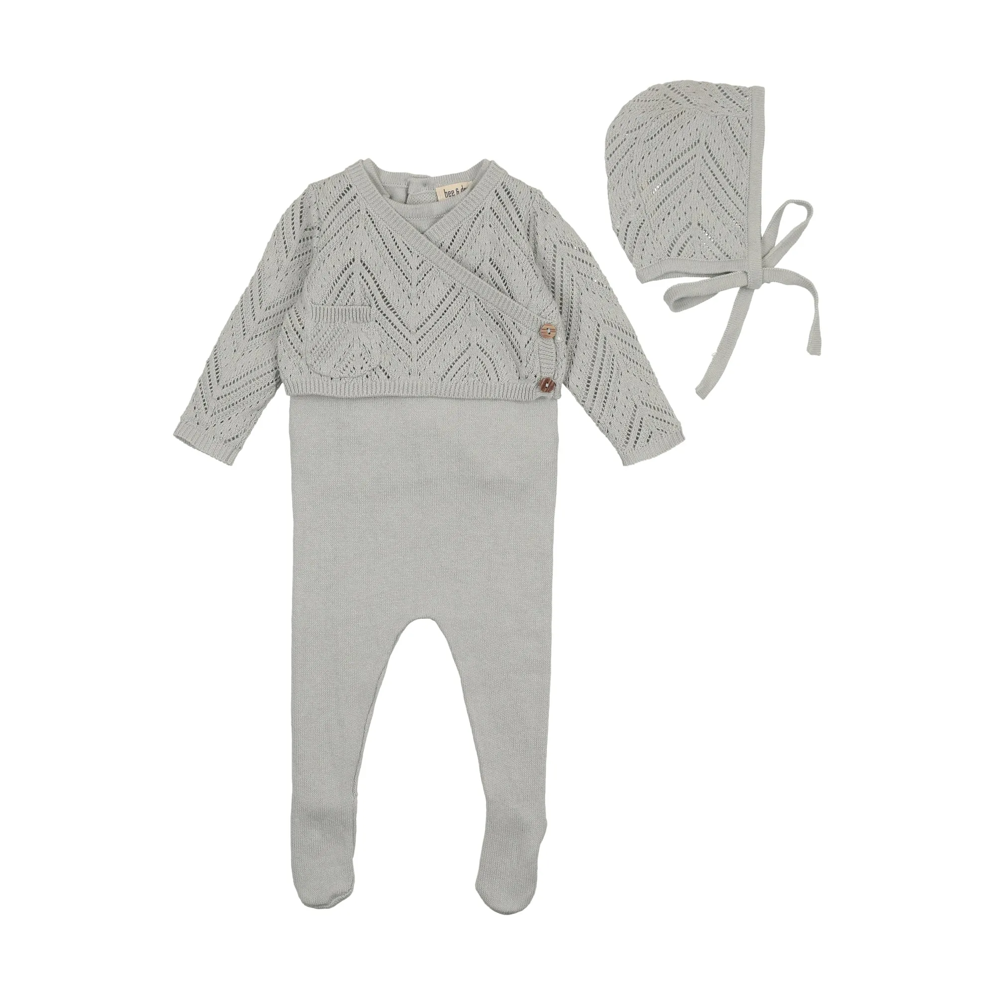 Bee & Dee Pale Blue Crochet Sweater Knit Footie Set