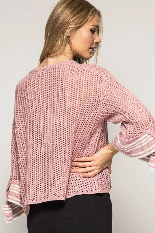 Bell Sleeve Sweater W/ Stripe Detail