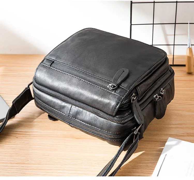 Black Cool Leather Mens Side Bag Postman Bag Small Black Messenger Bags Courier Bag for Men