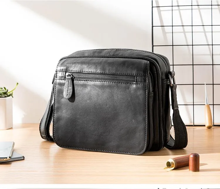 Black Cool Leather Mens Side Bag Postman Bag Small Black Messenger Bags Courier Bag for Men