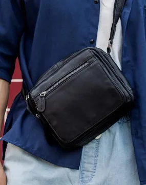 Black Cool Leather Mens Side Bag Postman Bag Small Black Messenger Bags Courier Bag for Men