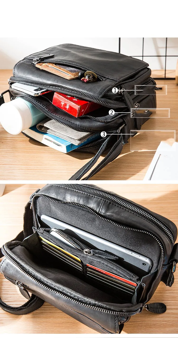 Black Cool Leather Mens Side Bag Postman Bag Small Black Messenger Bags Courier Bag for Men