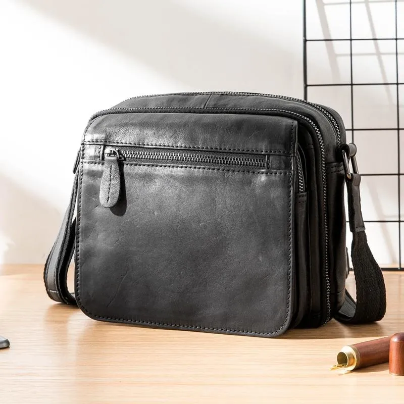 Black Cool Leather Mens Side Bag Postman Bag Small Black Messenger Bags Courier Bag for Men