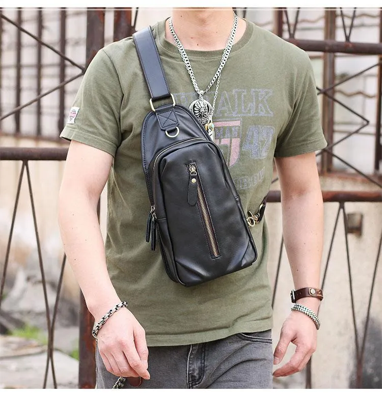 Black Cool Leather Mens Sling Bag Chest Bag Black One Shoulder Backpack For Men