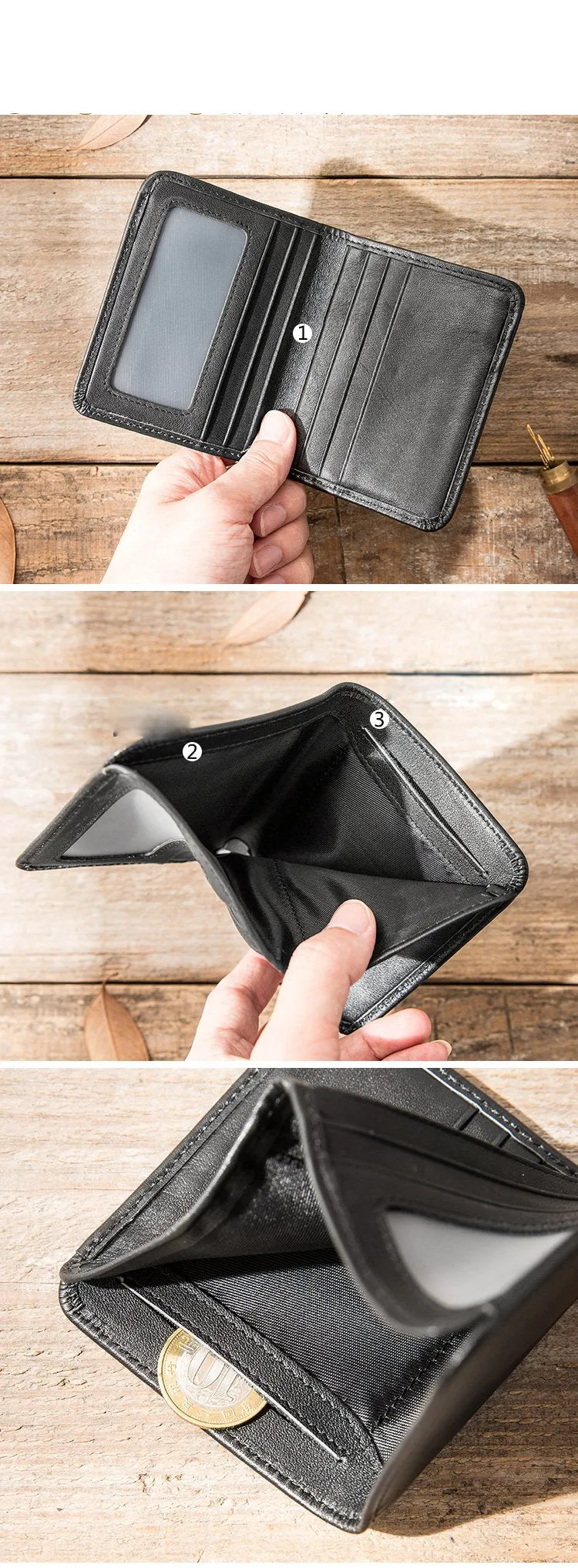 Black Cool Leather Mens Small Wallet billfold Wallet Bifold Vintage SLim Wallet for Men