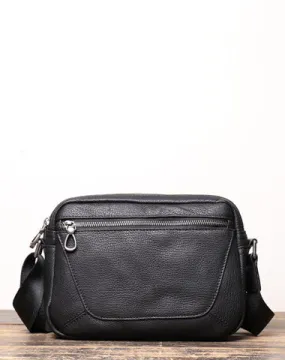 Black Cool Leather Small Zipper Messenger Bag Black Courier Bag Side Bag Black Shoulder Bag For Men