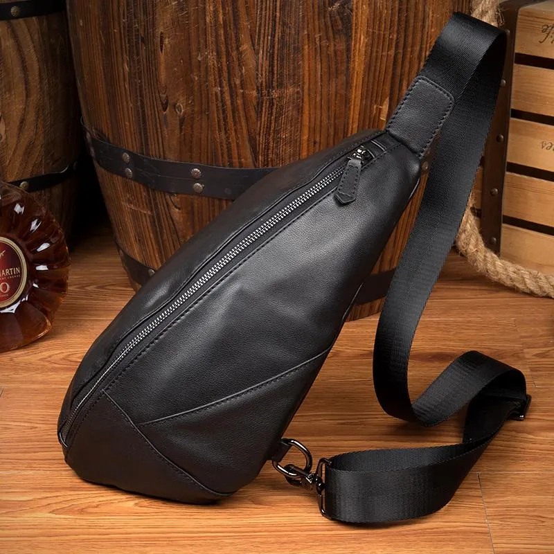 Black Leather Mens 8 inches Cool Sling Bags Crossbody Pack Black Chest Bag One Shoulder Pack for men