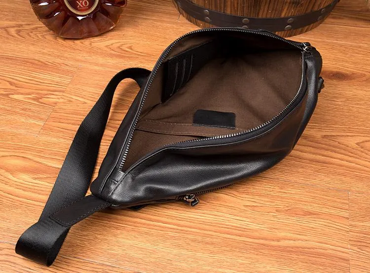 Black Leather Mens 8 inches Cool Sling Bags Crossbody Pack Black Chest Bag One Shoulder Pack for men