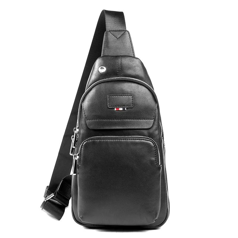 Black Leather Mens Cool Crossbody Packs Sling Pack Sling Bags Black Chest Bag for men