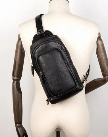 Black Leather Mens Cool Sling Bags Crossbody Pack Black One Shoulder Backpack Chest Bags for men