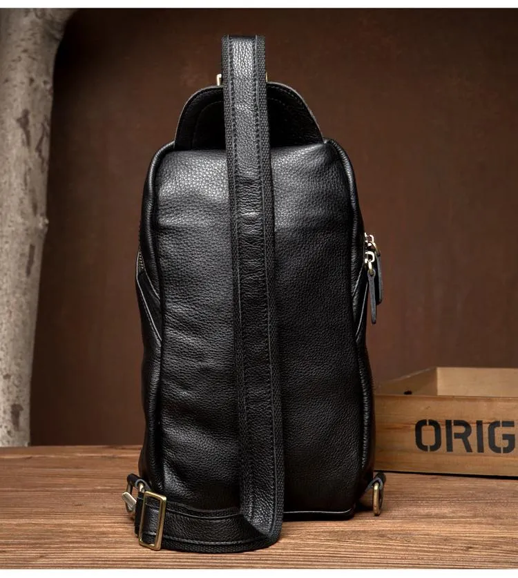 Black Leather Mens Cool Sling Bags Crossbody Pack Black One Shoulder Backpack Chest Bags for men