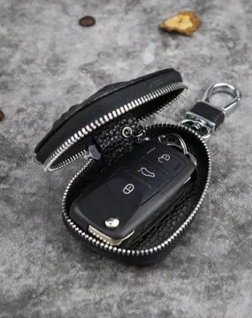 Black Leather Men's Key Wallet Zipper Car Key Case Car Holder For Men