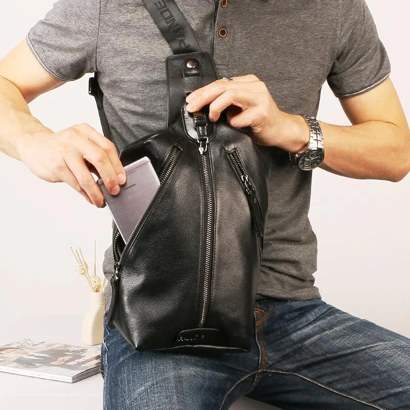 Black Leather Mens Sling Bag Chest Bag Sling Shoulder Bag Sling Backpack for men