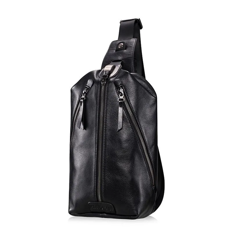 Black Leather Mens Sling Bag Chest Bag Sling Shoulder Bag Sling Backpack for men