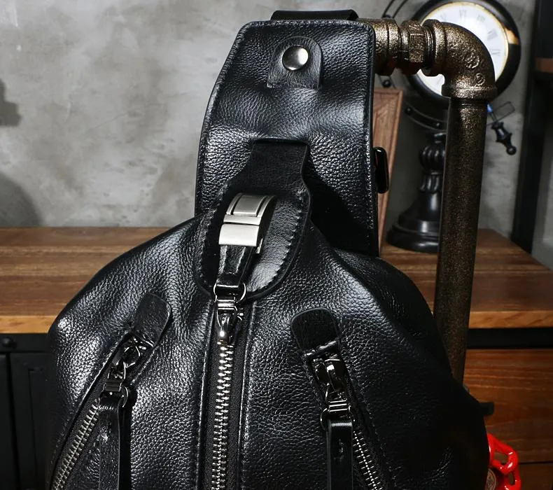 Black Leather Mens Sling Bag Chest Bag Sling Shoulder Bag Sling Backpack for men