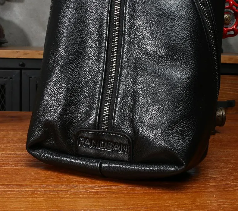 Black Leather Mens Sling Bag Chest Bag Sling Shoulder Bag Sling Backpack for men