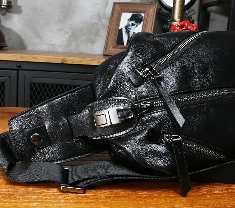 Black Leather Mens Sling Bag Chest Bag Sling Shoulder Bag Sling Backpack for men